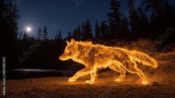 Obraz Glowing Wolf Figure on Ground with Forest Background