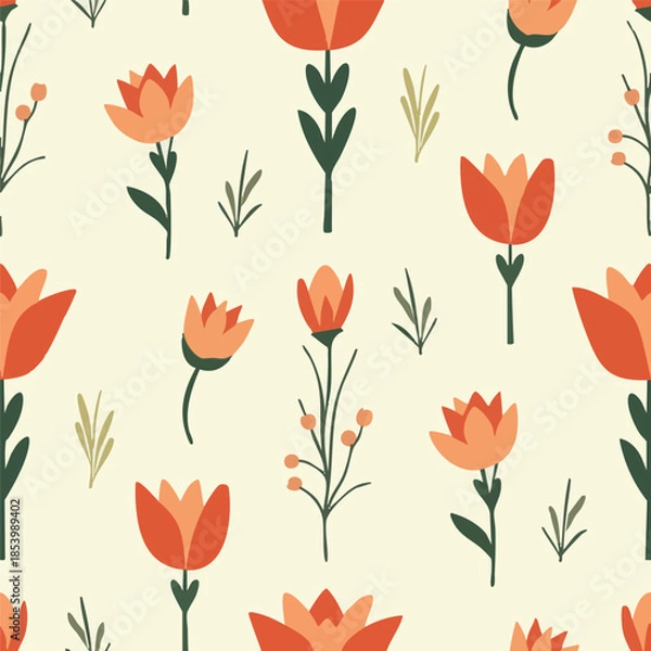 Fototapeta OrangeRedTulipFloralSeamlessPattern