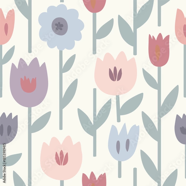 Fototapeta PastelTulipDaisyFloralSeamlessPattern
