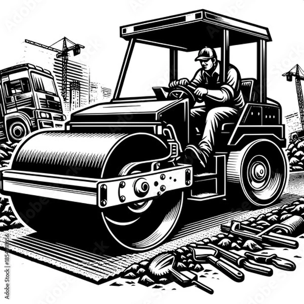 Obraz Road Roller Operator Compacting Soil