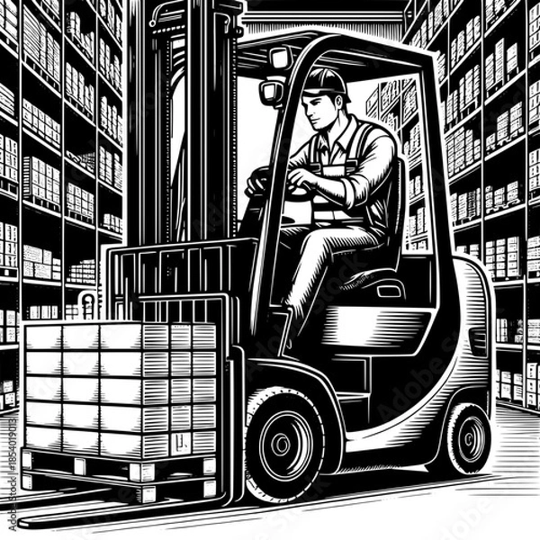 Obraz Forklift Operator Stacking Pallets
