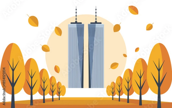 Obraz Twin towers with autumn trees and falling leaves vector