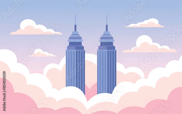 Obraz Twin skyscrapers emerging from pink and white clouds