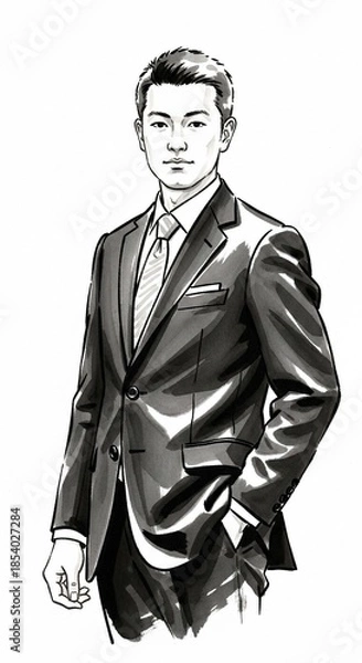 Obraz ビジネスマンの墨絵イラスト：20代日本人男性の自信に満ちた表情とスーツ姿