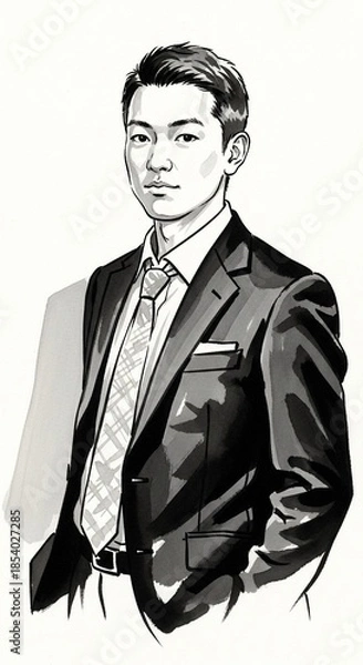 Obraz ビジネスマンの墨絵イラスト：20代日本人男性の自信に満ちた表情とスーツ姿