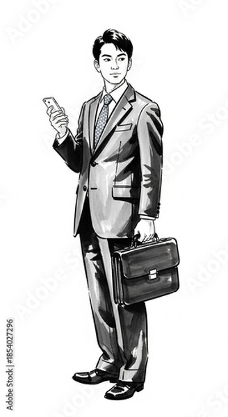 Obraz ビジネスマンの墨絵イラスト：20代日本人男性の自信に満ちた表情とスーツ姿