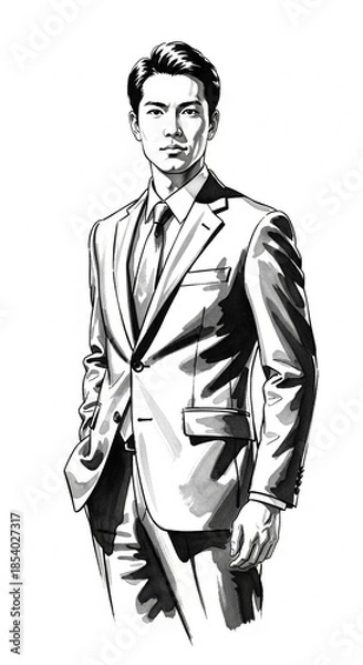 Obraz ビジネスマンの墨絵イラスト：20代日本人男性の自信に満ちた表情とスーツ姿