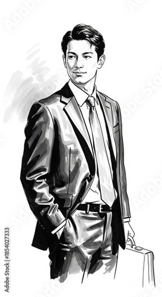 Obraz ビジネスマンの墨絵イラスト：20代日本人男性の自信に満ちた表情とスーツ姿
