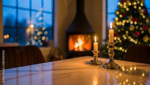 Obraz Marble Table with Candles Cozy Christmas Background