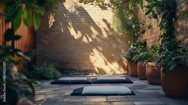 Obraz A serene outdoor space with comfortable cushions surrounded by lush greenery and soft shadows. Perfect for relaxation and meditation in nature. Generative AI