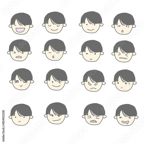 Fototapeta 手書き風の黒髪の男の子の表情アイコンセット（喜怒哀楽）