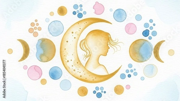 Obraz golden moon goddess silhouette within crescent moon and watercolor pastel circles for esoteric blogs, astrology websites, meditation flyers and feminine energy posters, with copy space