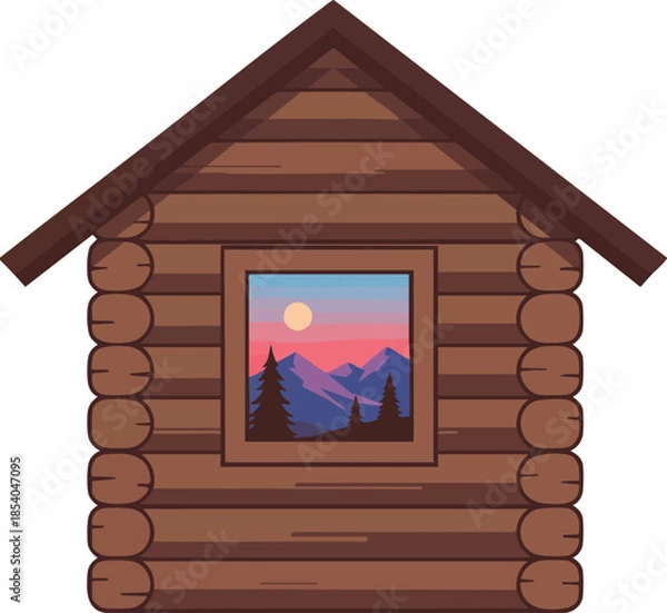Obraz Small cabin with mountain view through window at sunset scene