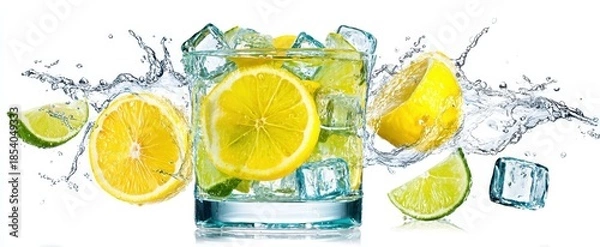 Fototapeta Lemon and Lime Slices in Glass with Ice Cubes and Water Splash on White Background Refreshing Summer Drink Concept Isolated Studio Shot
