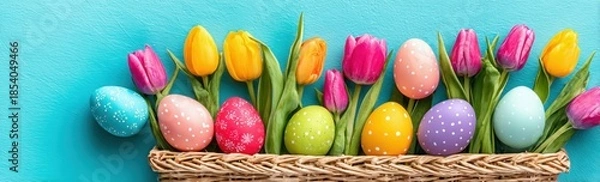 Fototapeta Colorful Easter Eggs And Tulips In Wicker Basket On Blue Background For Holiday Celebrations And Springtime Designs Festive Season