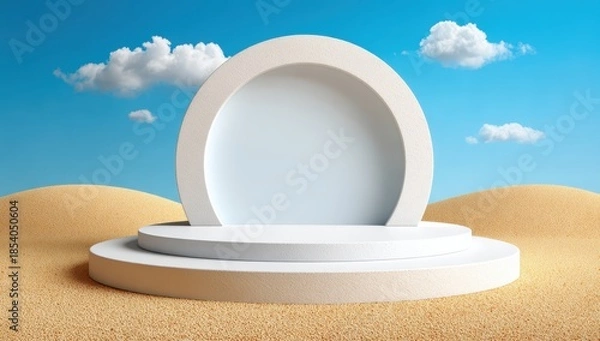 Fototapeta Minimalist Podium With Round Backdrop On Sand Dune Against Blue Sky With Clouds For Product Display And Presentation Backgrounds