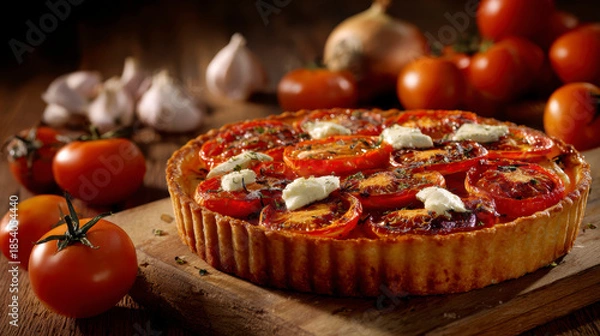 Obraz Rustic Tomato Basil Tart Top View – AI Generative