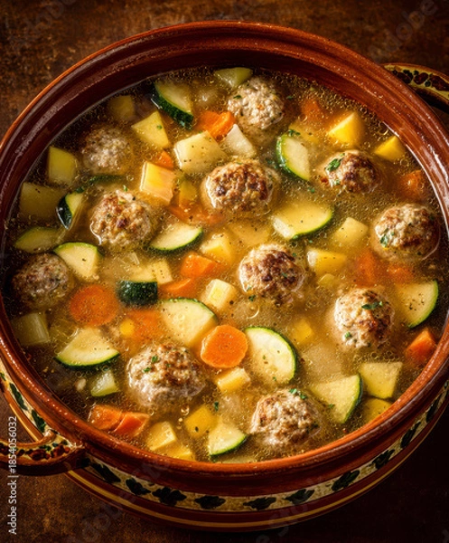 Obraz Hearty Meatball Vegetable Soup in Rustic Pot – Generative AI