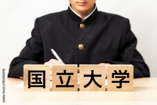 Obraz 「国立大学」と書かれたブロックと男子学生
