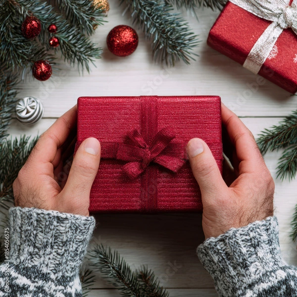 Obraz Wrapping Red Gift Box with Ribbon – Generative AI – no real persons