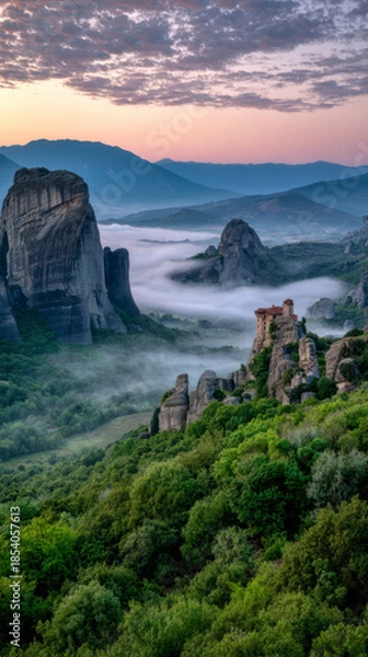 Obraz Misty Mountain Monastery Landscape – AI Generative