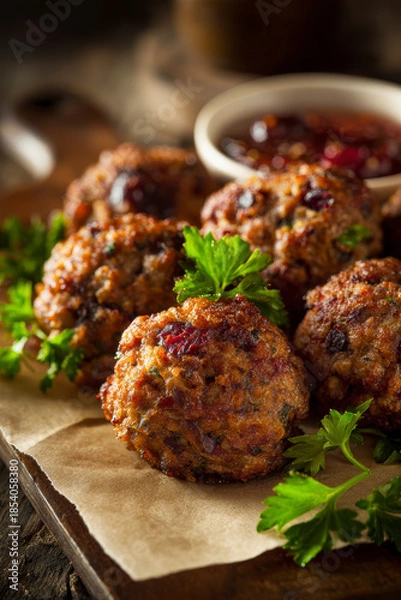 Obraz Savory Stuffing Balls with Herbs and Cranberries – AI Generative