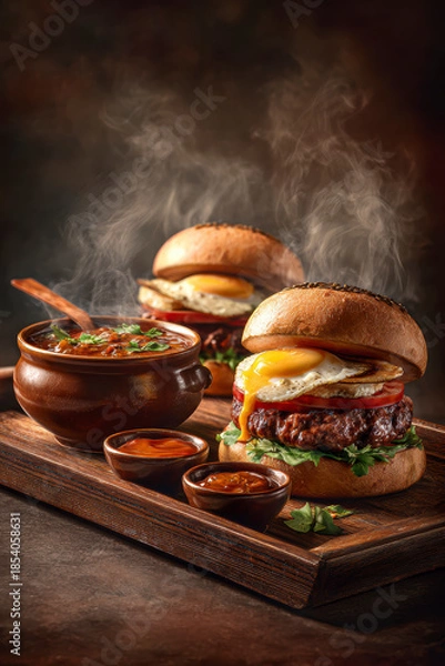 Obraz Double Cheeseburger on Wooden Board – Generative AI