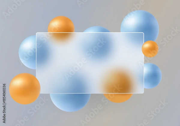 Obraz Minimalistic glass morphism style background with transparent rectangular panel and floating blue and gold spheres on soft gradient background, modern abstract design.