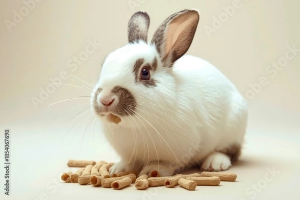 Obraz A rabbit is eating food from a bowl