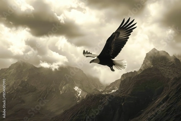 Obraz A majestic eagle is soaring through the sky above a mountain range