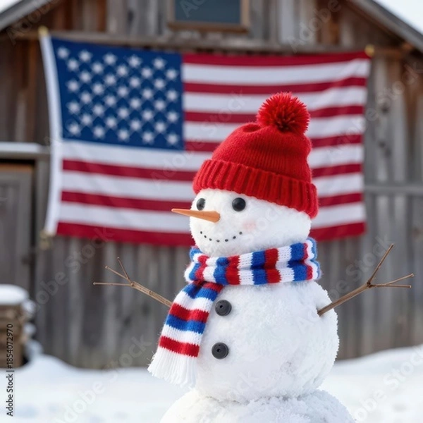 Obraz A happy snowman, wearing a vibrant red beanie and a stylish striped scarf in patriotic shades of red, white, and blue, proudly positioned in front of a rustic wooden barn that showcases an American fl