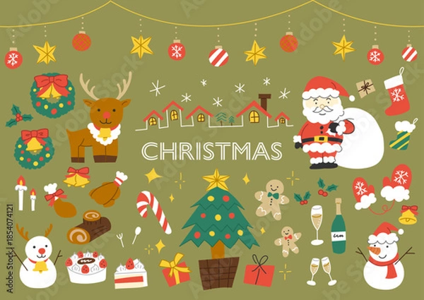 Obraz クリスマスのものを集めた手描きの色ベタのカラーイラストセット