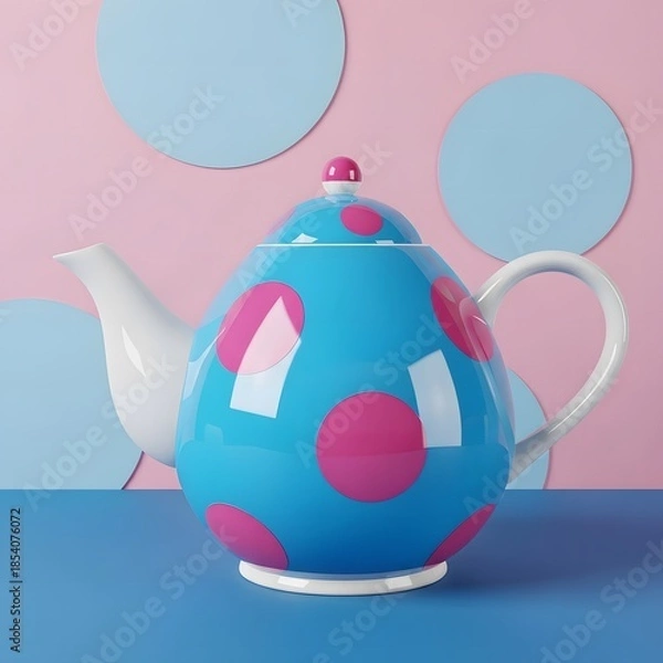 Obraz Polka dot teapot on blue background