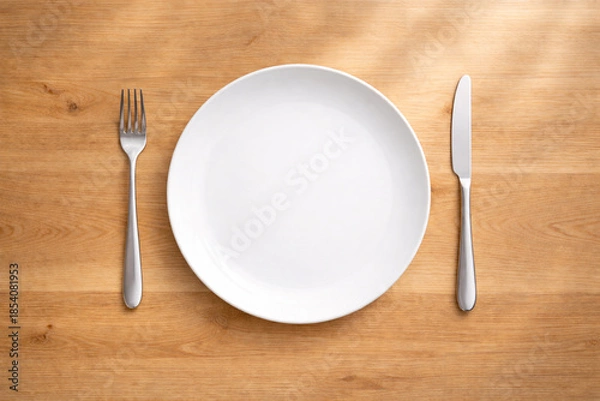 Obraz 白い皿とカトラリーを並べた白木テーブルのフラットレイ　料理イメージ用背景