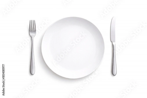 Obraz 白背景に白い皿とカトラリーを並べたフラットレイ　料理イメージ用シンプル背景