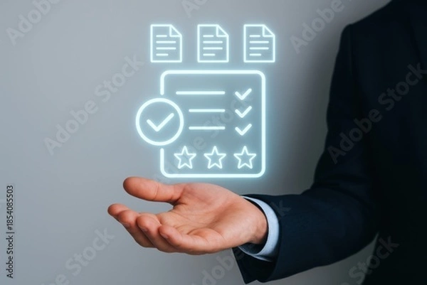 Obraz Business professional presenting digital checklist and documents in an abstract manner. Concept of efficiency, organization, and modern technology in workflow management.