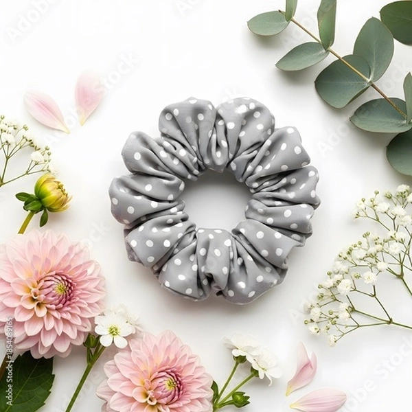 Obraz Polka dot scrunchie surrounded by flowers