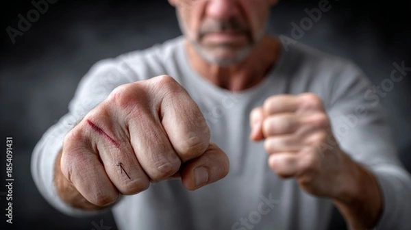 Fototapeta A seasoned man displays his resilience with clenched fists, revealing a scar that tells a story of past struggles
