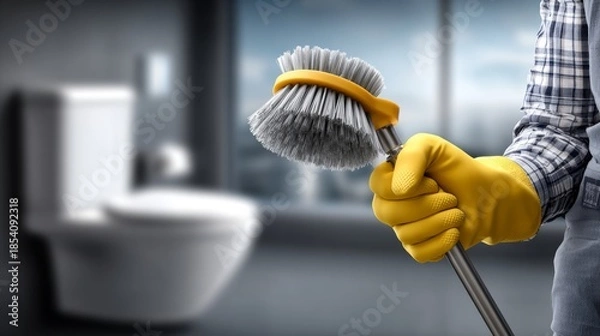Fototapeta Bright yellow gloves grasp a toilet brush, showcasing a commitment to sanitation in a stylish, contemporary restroom