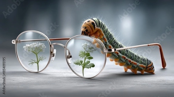 Fototapeta Glasses feature a lush green world with delicate flowers, while a vibrant caterpillar explores this magical scene