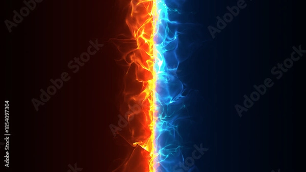 Fototapeta 青とオレンジの炎がぶつかり合う、炎の縦の線の枠のエフェクトのイラスト