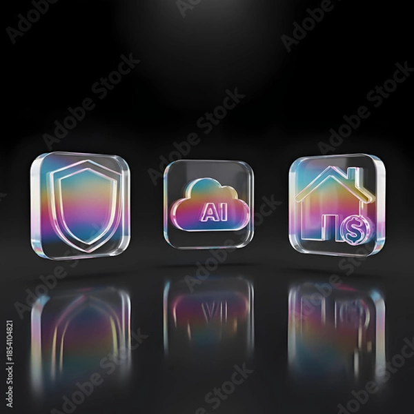 Obraz Modern Tech Icons: Digital Protection, Cloud Computing & Connected Home. Reflective Glass UI Elements on Dark Background