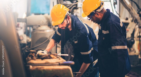Obraz Portrait of Heavy industry workers working on the metal fabrication process by operating a lathe at a machine for steel structure industry.