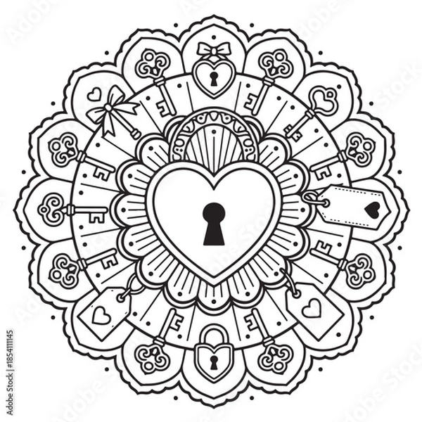 Fototapeta An intricate mandala featuring a heart-shaped lock surrounded by vintage keys