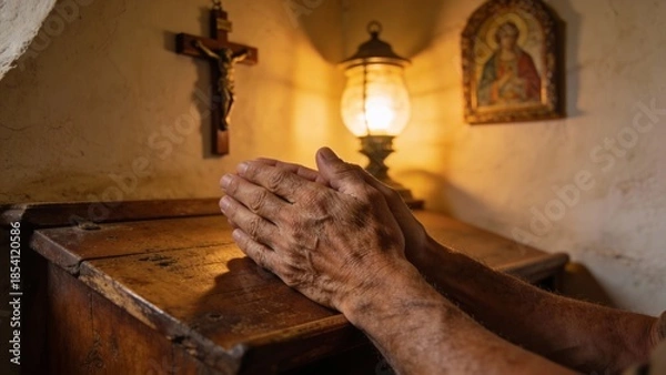 Fototapeta 나무책상위에서기도하는손과십자가가있는기도실풍경