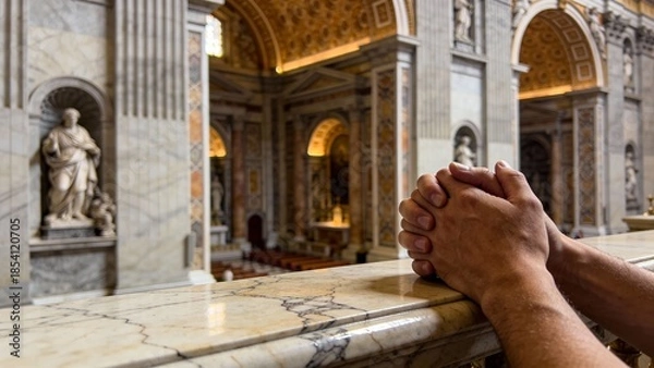 Obraz 대리석난간위에서기도하는손과교회건축물배경