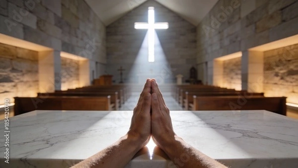 Obraz 십자가빛을받으며기도하는손과대리석제단