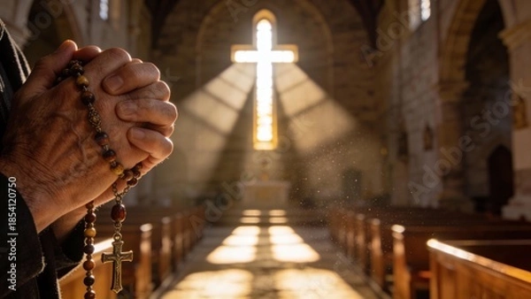 Obraz 성당에서_묵주를_든_기도하는_손과_십자가빛