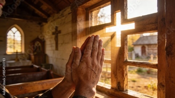 Obraz 시골교회에서기도하는손과아침햇살