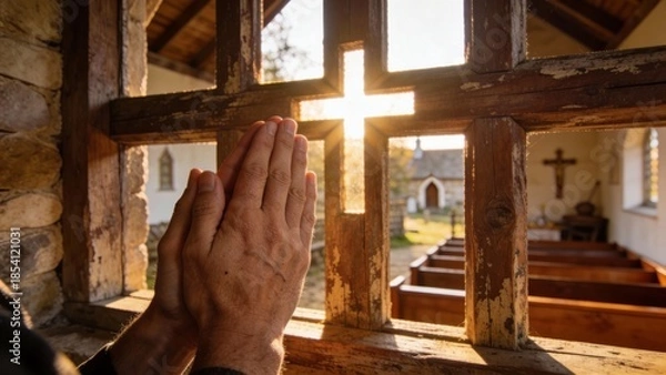 Obraz 아침햇살이비치는교회에서기도하는손